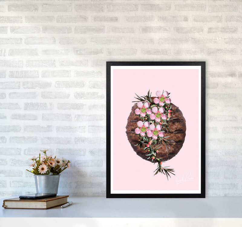 Pink Burger Floral Food Print, Framed Kitchen Wall Art A2 White Frame