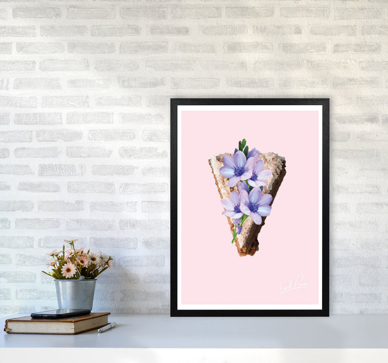Pink Coffee Cake Floral Food Print, Framed Kitchen Wall Art A2 White Frame