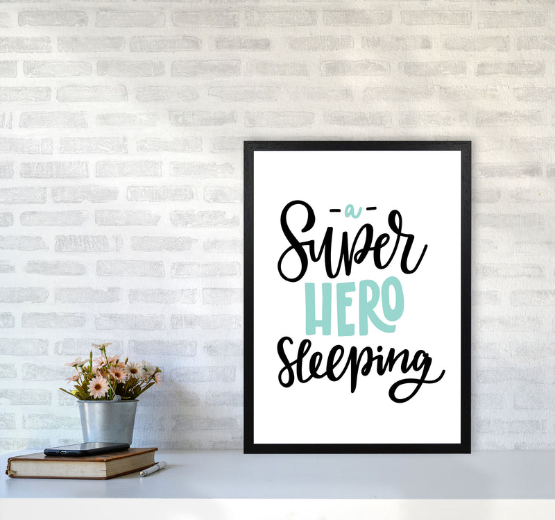 Superhero Sleeping Mint And Black Framed Nursey Wall Art Print A2 White Frame