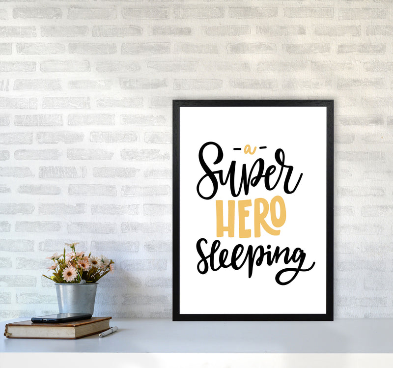 Superhero Sleeping Mustard And Black Framed Nursey Wall Art Print A2 White Frame