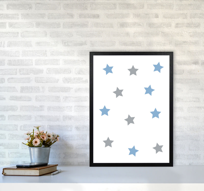 Blue And Grey Stars Framed Nursey Wall Art Print A2 White Frame