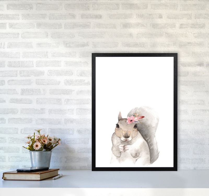 Forest Friends, Floral Cute Squirrel Modern Print Animal Art Print A2 White Frame