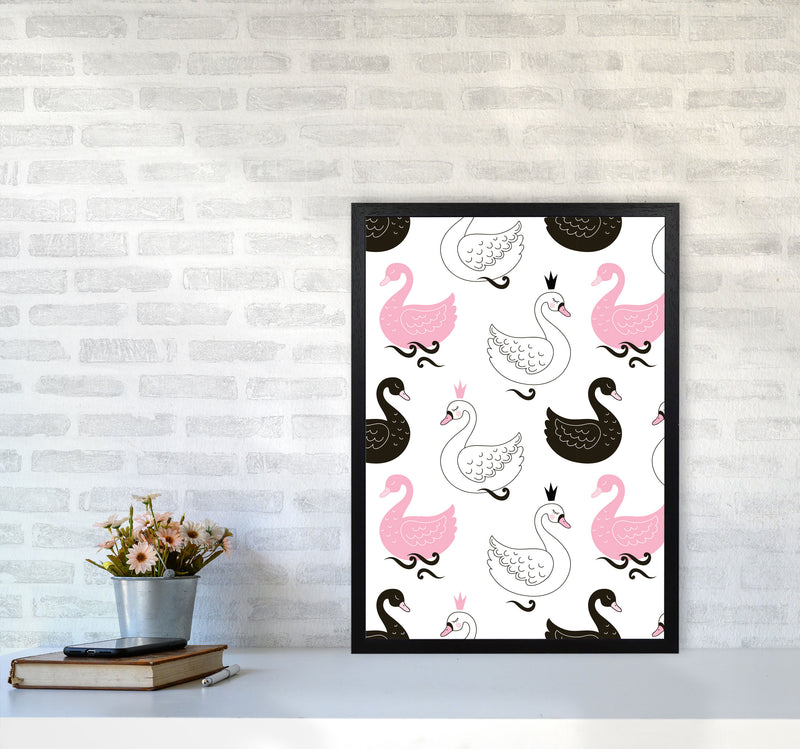 Pink Black And White Swan Pattern Modern Print Animal Art Print A2 White Frame