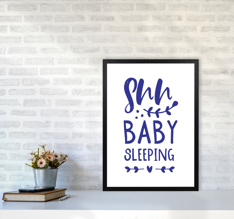 Shh Baby Sleeping Navy Framed Nursey Wall Art Print A2 White Frame