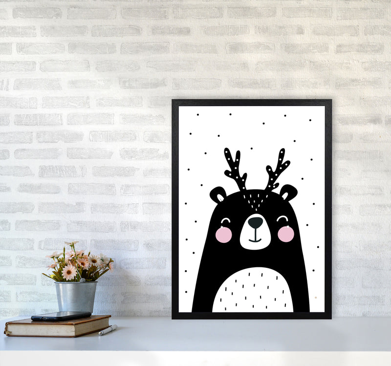 Black Bear With Antlers Modern Print Animal Art Print A2 White Frame