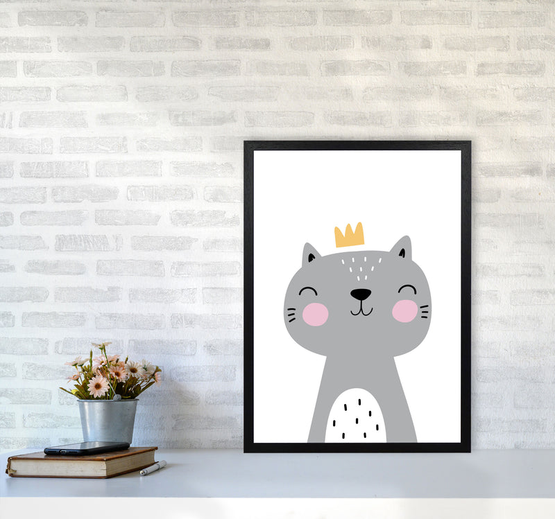 Grey Scandi Cat With Crown Modern Print Animal Art Print A2 White Frame