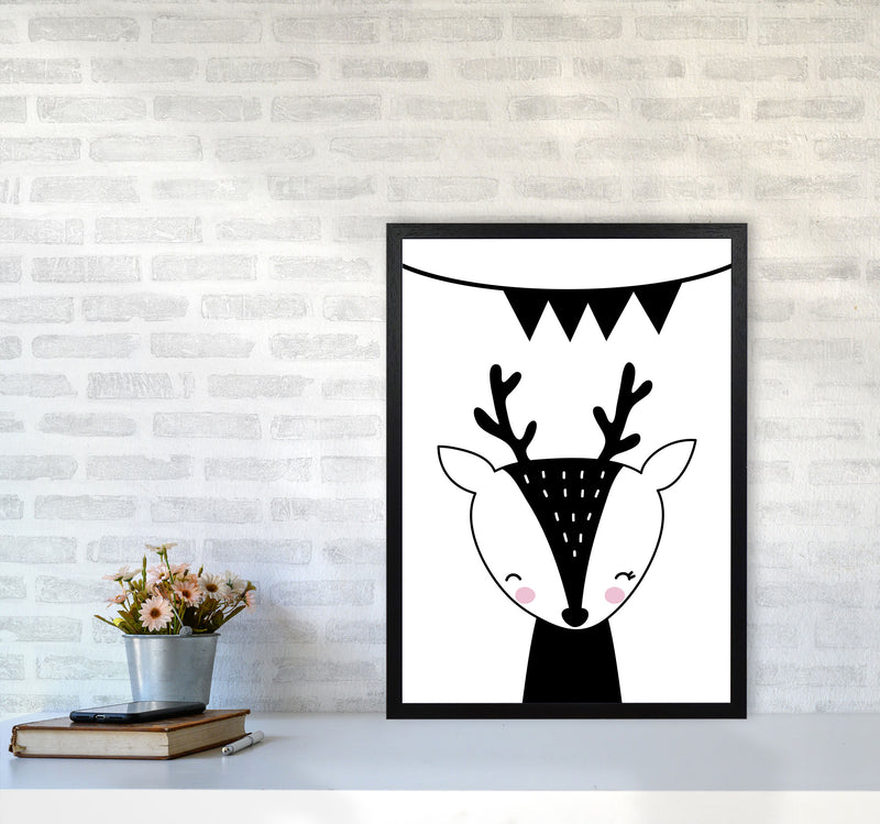 Scandi Black Deer With Banner Framed Nursey Wall Art Print A2 White Frame