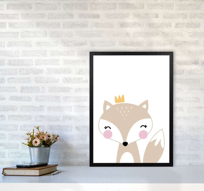 Scandi Beige Fox With Crown Framed Nursey Wall Art Print A2 White Frame