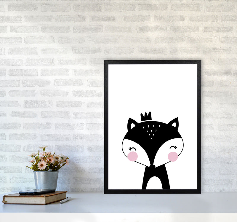 Scandi Black Fox With Crown Framed Nursey Wall Art Print A2 White Frame