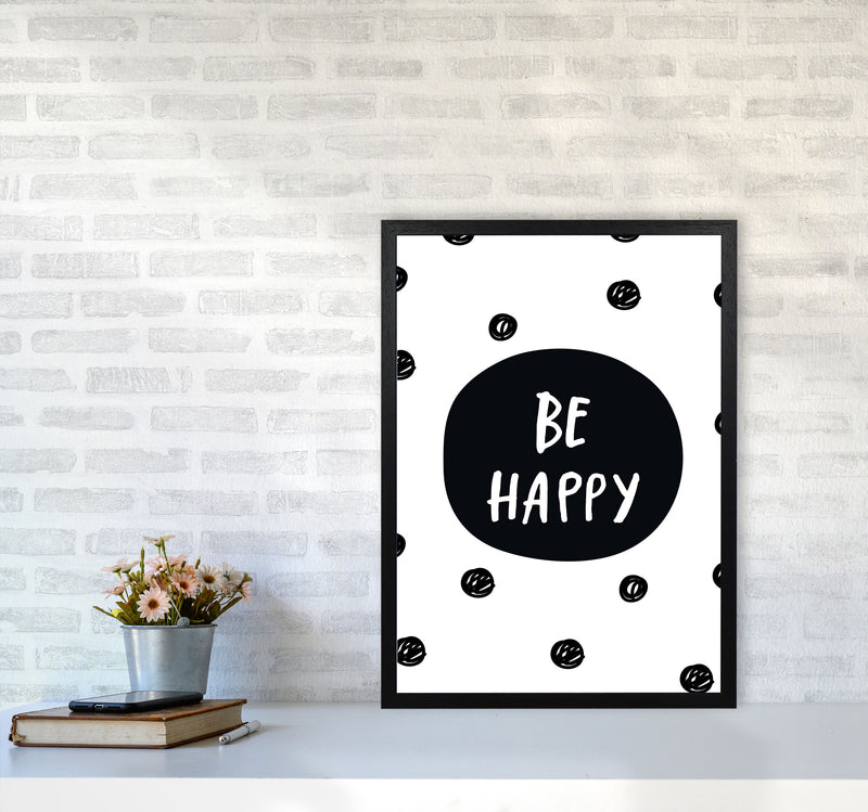 Be Happy Polka Dot Framed Typography Wall Art Print A2 White Frame
