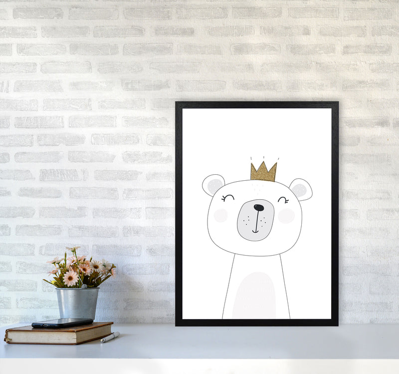Scandi Cute Bear With Crown Framed Nursey Wall Art Print A2 White Frame