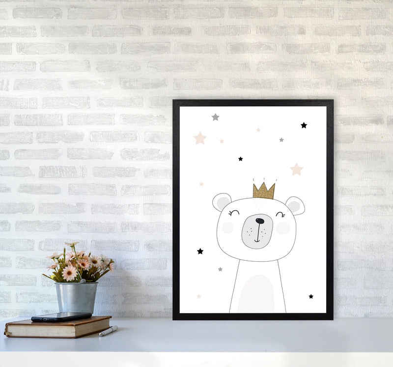 Scandi Cute Bear With Crown And Stars Print, Framed Childrens Wall Art A2 White Frame
