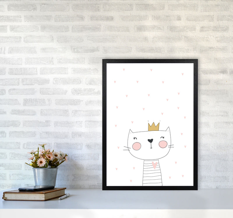 Scandi Cute Cat With Crown And Stars Framed Nursey Wall Art Print A2 White Frame
