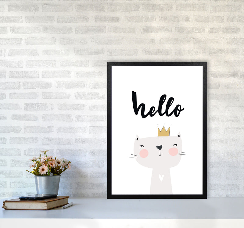 Hello Scandi Cat Modern Print Animal Art Print A2 White Frame