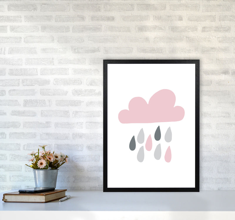 Pink And Grey Rain Cloud Framed Nursey Wall Art Print A2 White Frame
