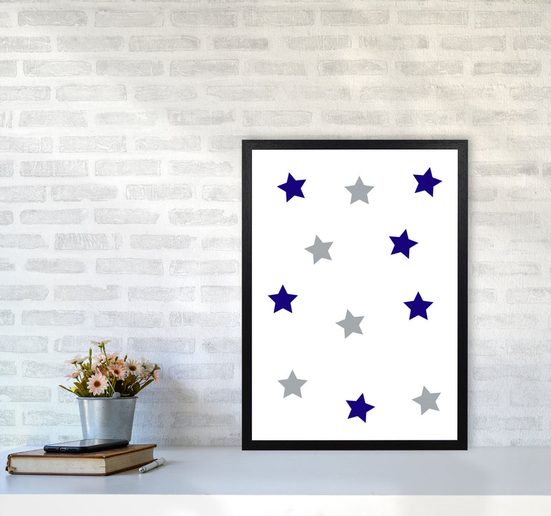 Navy And Grey Stars Modern Print A2 White Frame