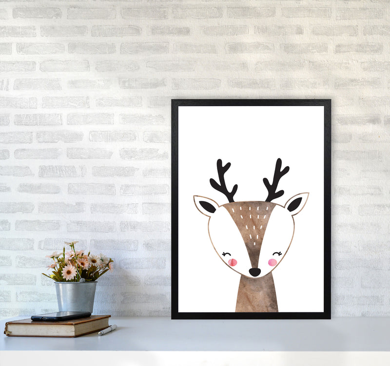 Scandi Brown Deer Watercolour Framed Nursey Wall Art Print A2 White Frame