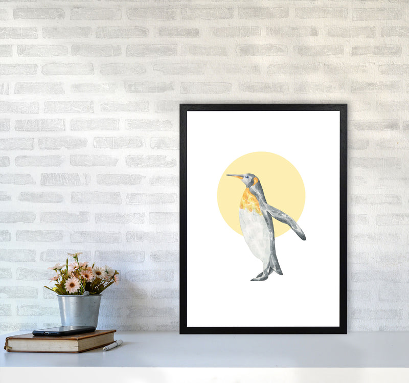 Watercolour Penguin With Yellow Circle Modern Print, Animal Art Print A2 White Frame