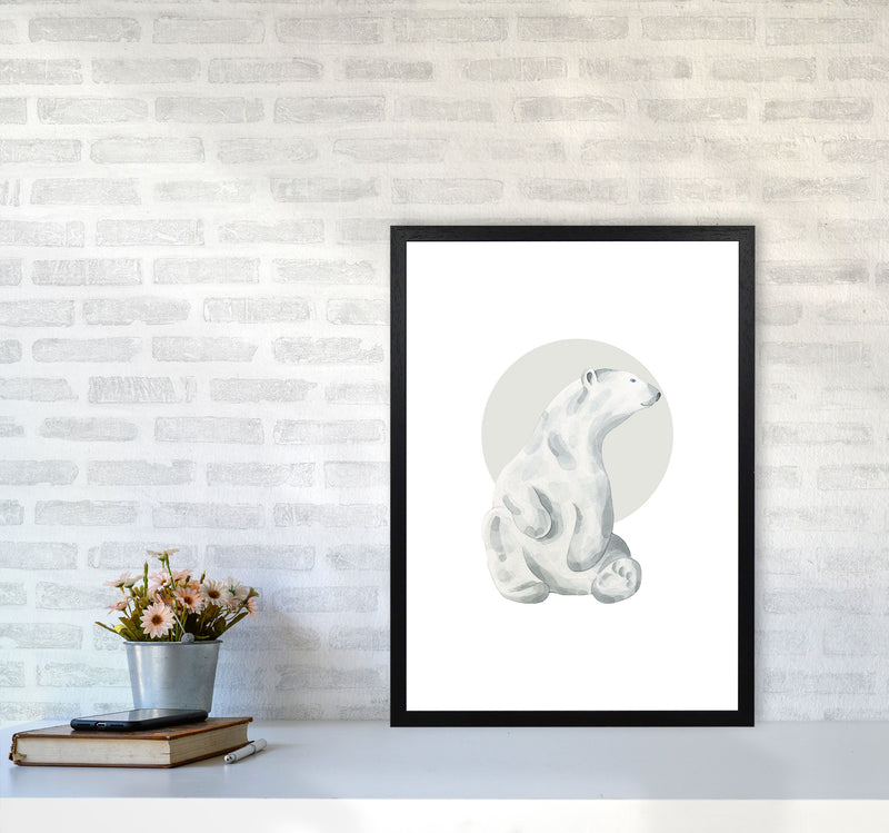 Watercolour Polar Bear With Grey Circle Modern Print, Animal Art Print A2 White Frame