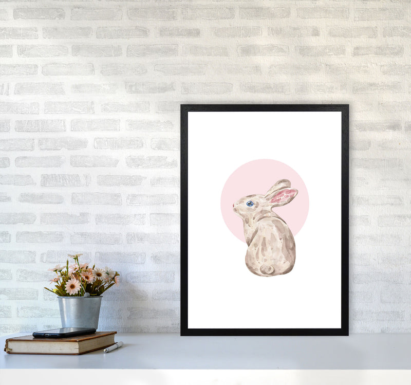 Watercolour Bunny With Pink Circle Modern Print, Animal Art Print A2 White Frame