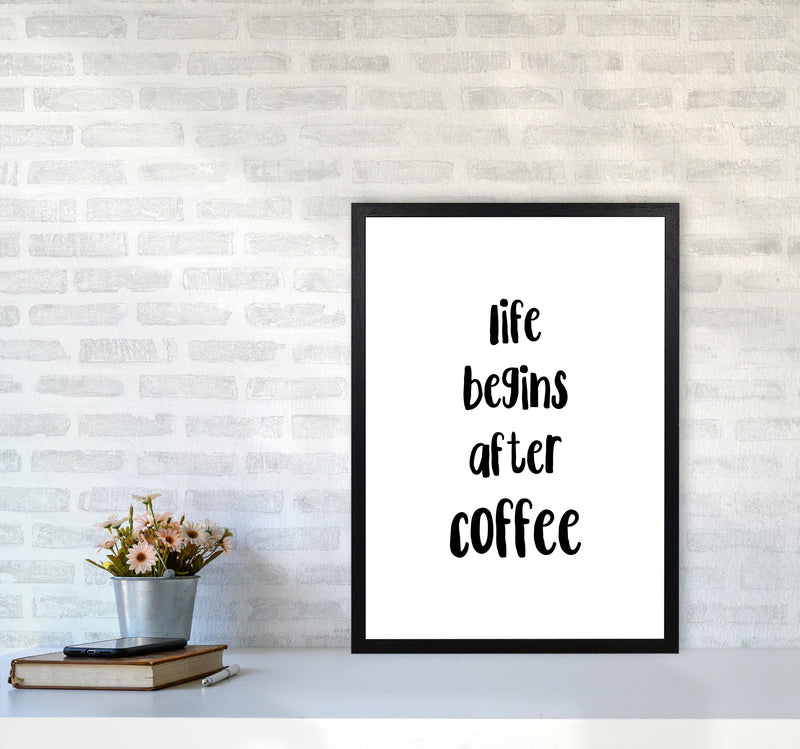 Life Begins After Coffee Modern Print, Framed Kitchen Wall Art A2 White Frame