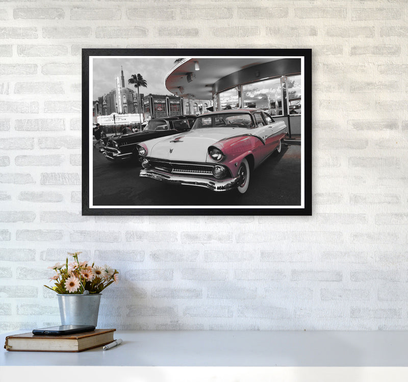 Vintage Pink And White Car Modern Print A2 White Frame