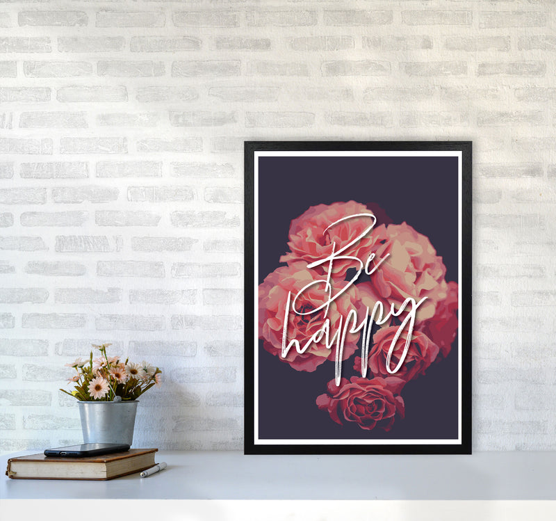 Be Happy Floral Modern Print, Framed Botanical & Nature Art Print A2 White Frame