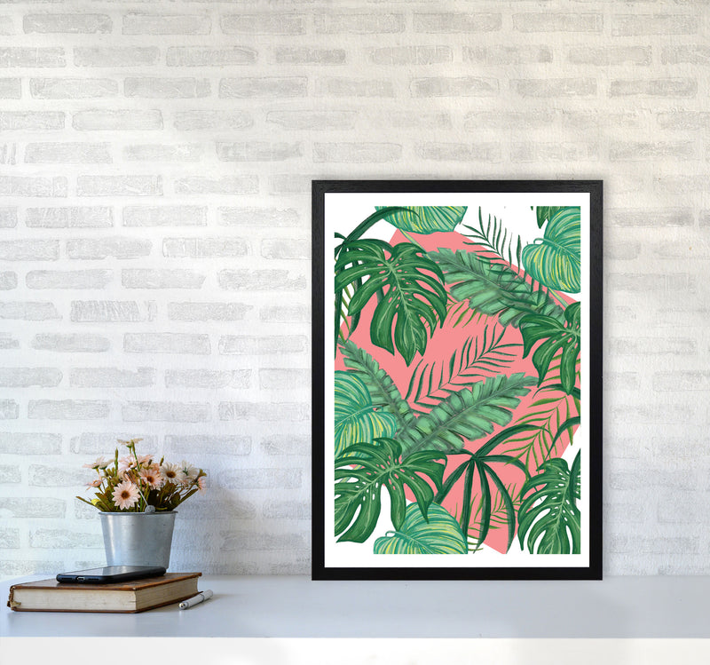 Abstract Leaves With Pink Background Modern Print, Framed Botanical Nature Art A2 White Frame