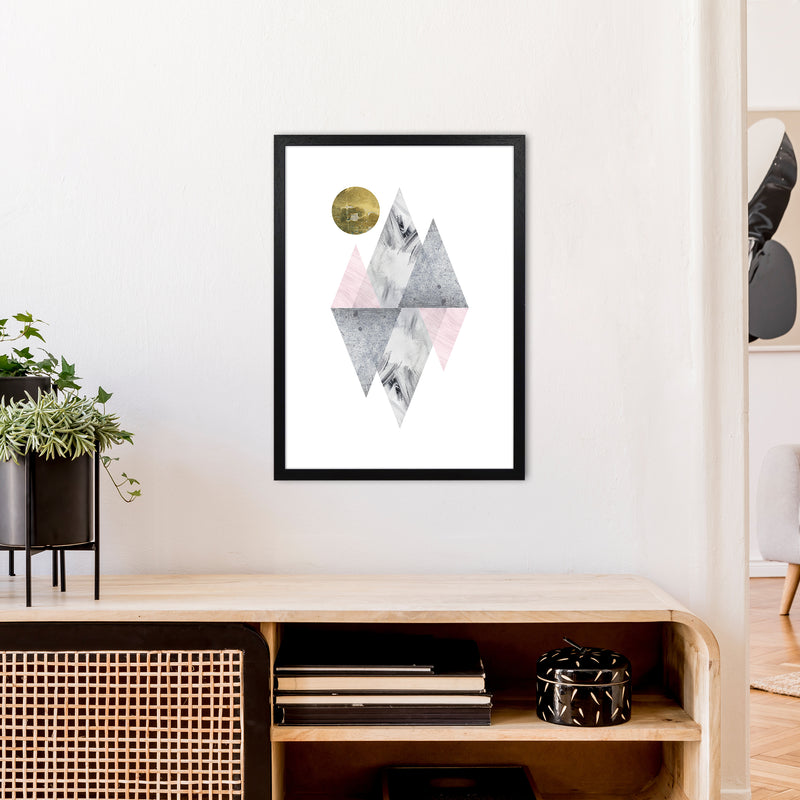 Luna Pink And Grey Diamonds With Gold Moon  Art Print by Pixy Paper A2 White Frame