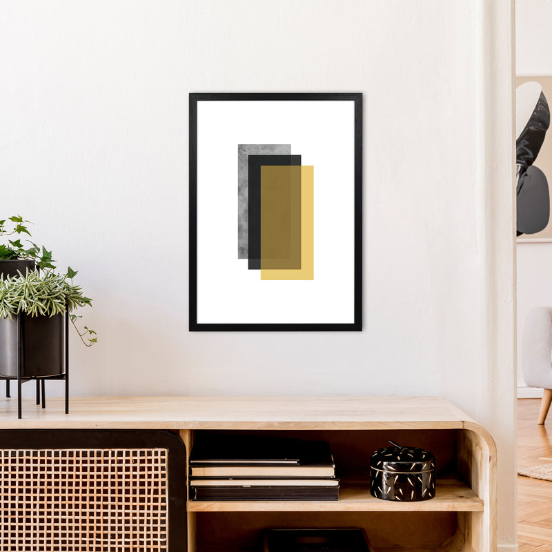 Geometric Mustard And Black Rectangles  Art Print by Pixy Paper A2 White Frame