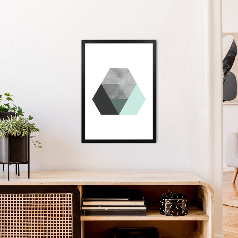 Geometric Mint And Black Hexagon  Art Print by Pixy Paper A2 White Frame