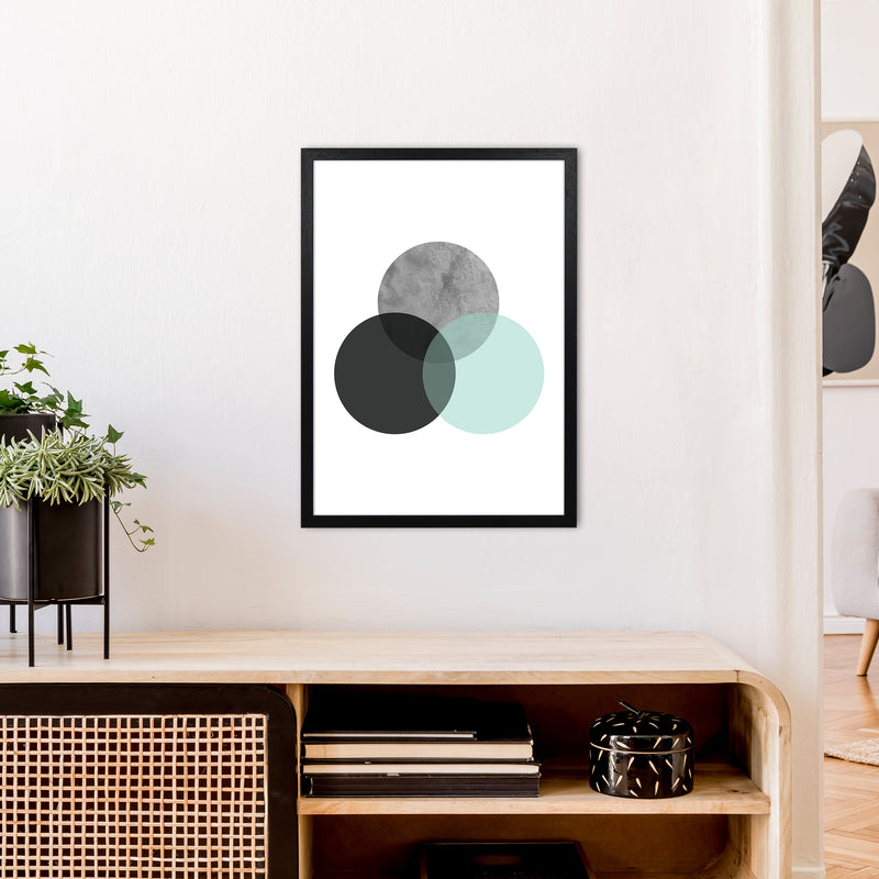 Geometric Mint And Black Circles  Art Print by Pixy Paper A2 White Frame