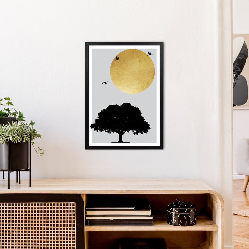 Gold Sun And Tree Abstract  Art Print by Pixy Paper A2 White Frame
