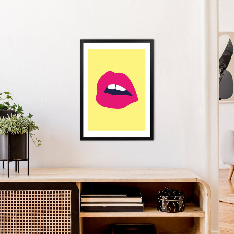 Pink Lips Yellow Back  Art Print by Pixy Paper A2 White Frame