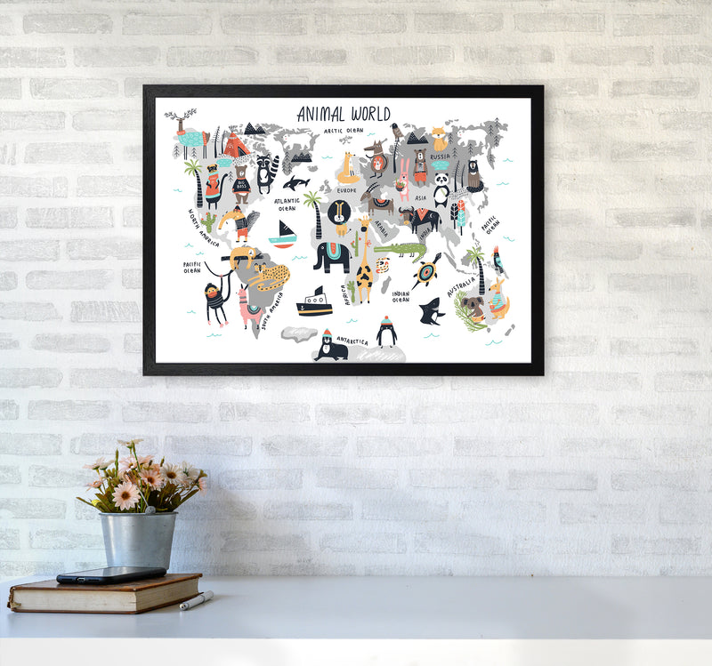 Animal World Map  Art Print by Pixy Paper A2 White Frame