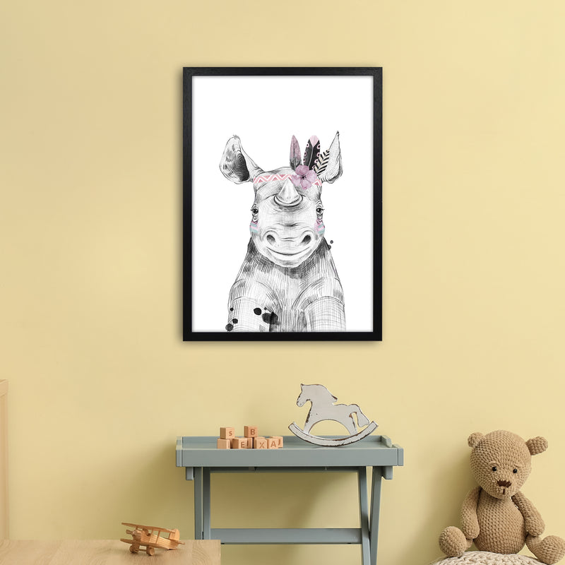 Safari Babies Rhino With Head Feathers  Art Print by Pixy Paper A2 White Frame