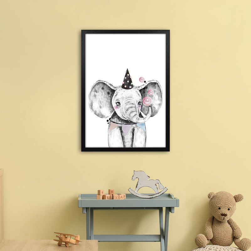 Safari Babies Elephant With Party Hat  Art Print by Pixy Paper A2 White Frame