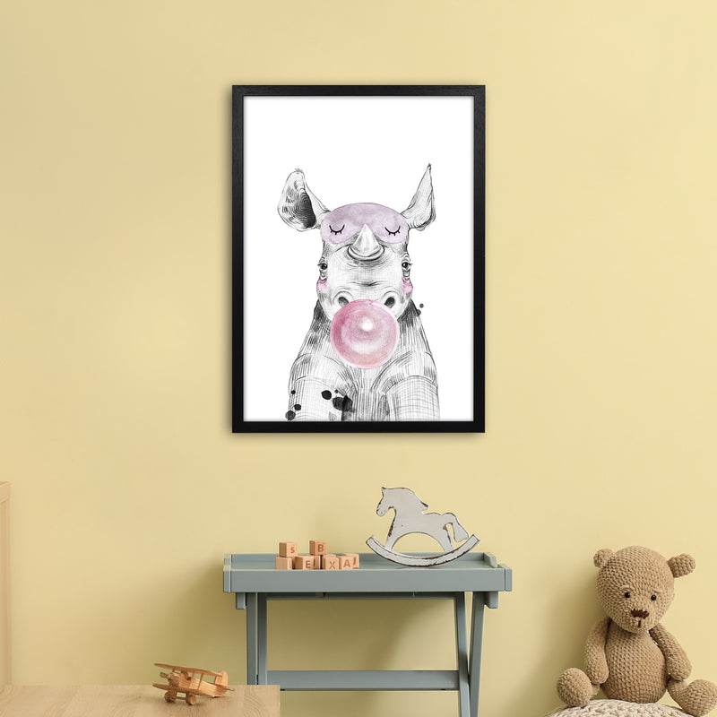 Safari Babies Rhino With Bubble  Art Print by Pixy Paper A2 White Frame