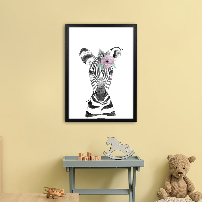 Safari Babies Zebra With Flower  Art Print by Pixy Paper A2 White Frame