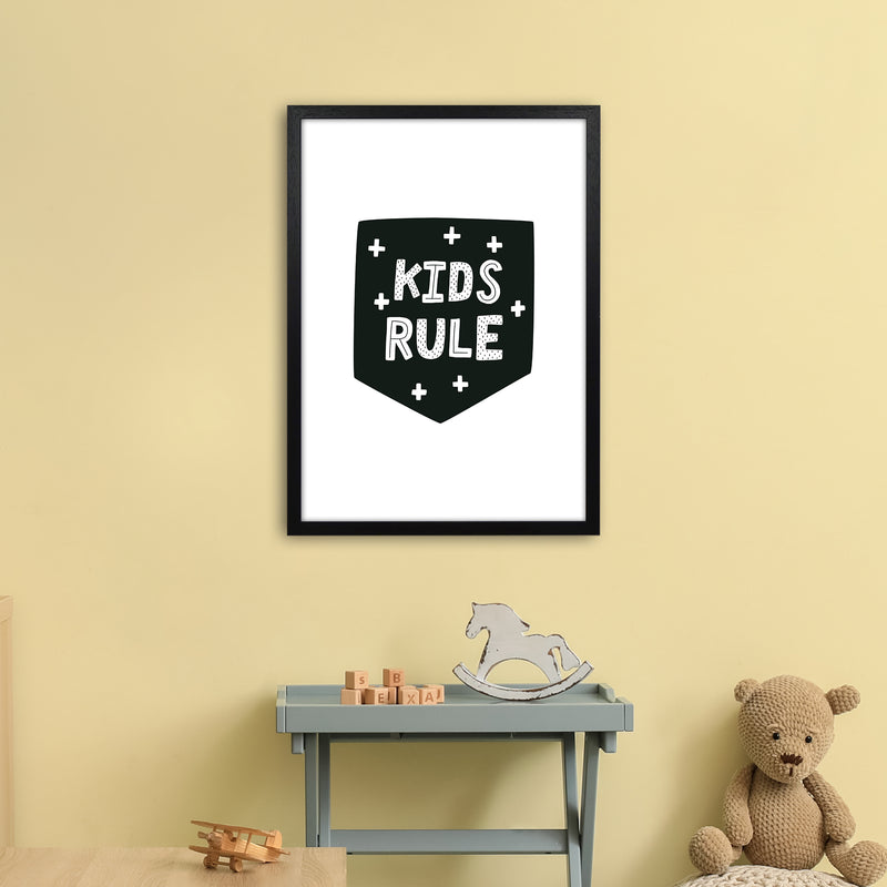 Kids Rule Black Super Scandi  Art Print by Pixy Paper A2 White Frame