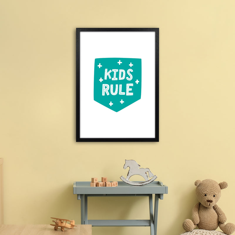 Kids Rule Teal Super Scandi  Art Print by Pixy Paper A2 White Frame