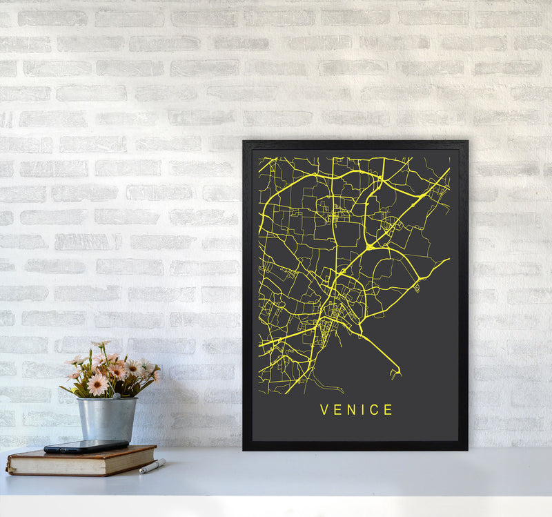 Venice Map Neon Art Print by Pixy Paper A2 White Frame