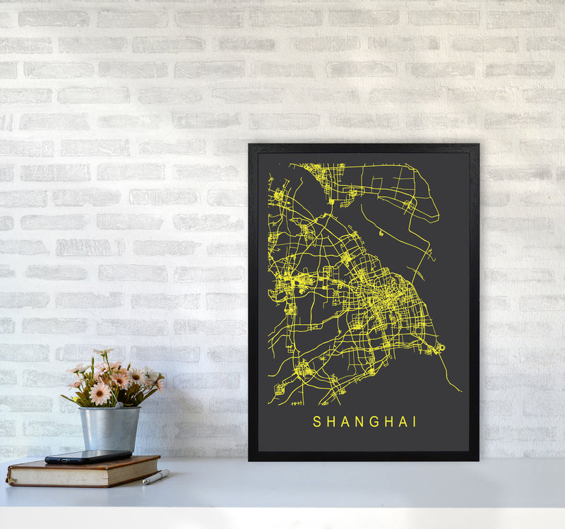 Shanghai Map Neon Art Print by Pixy Paper A2 White Frame