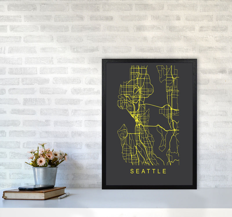 Seattle Map Neon Art Print by Pixy Paper A2 White Frame