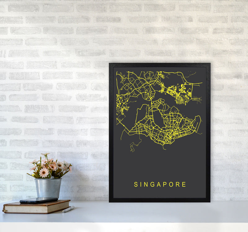 Singapore Map Neon Art Print by Pixy Paper A2 White Frame