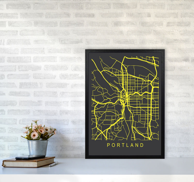 Portland Map Neon Art Print by Pixy Paper A2 White Frame
