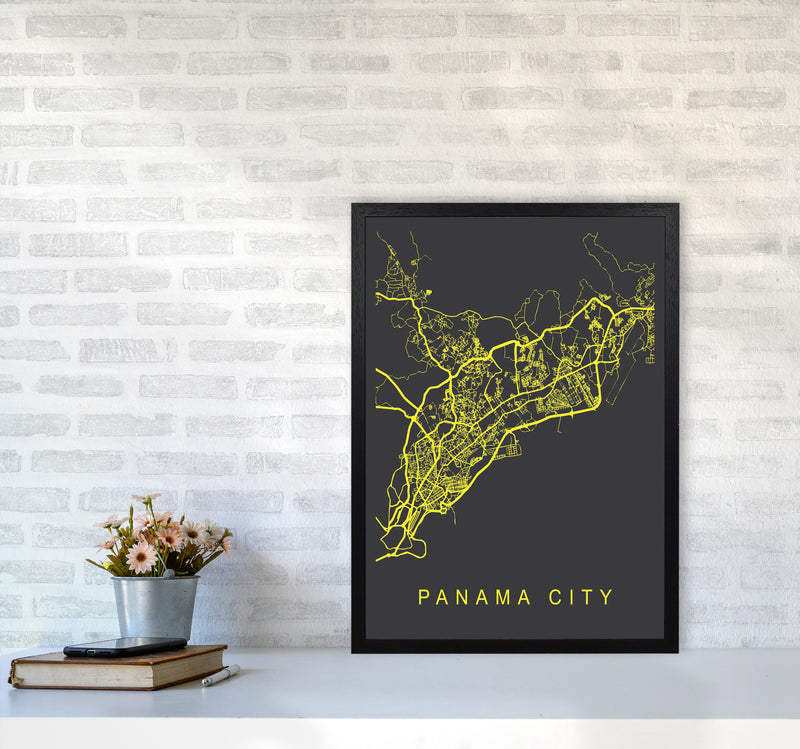 Panama City Map Neon Art Print by Pixy Paper A2 White Frame