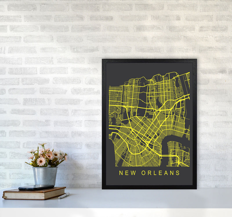 New Orleans Map Neon Art Print by Pixy Paper A2 White Frame