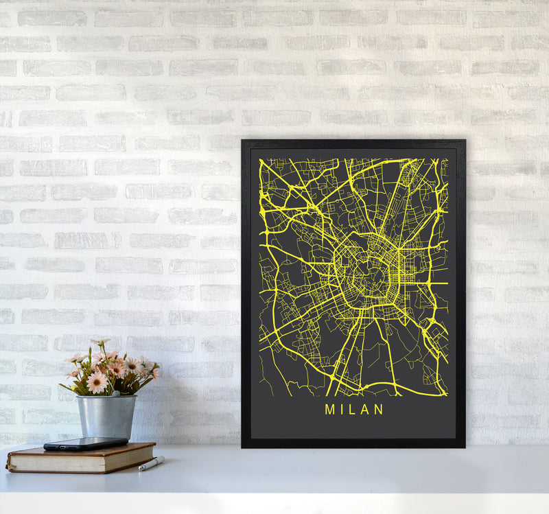 Milan Map Neon Art Print by Pixy Paper A2 White Frame