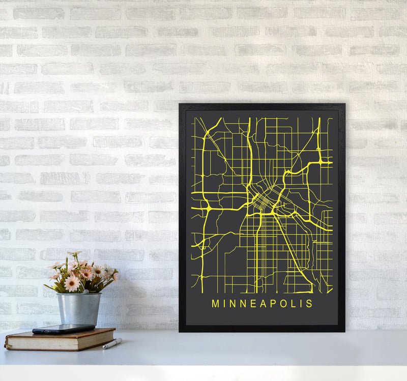 Minneapolis Map Neon Art Print by Pixy Paper A2 White Frame